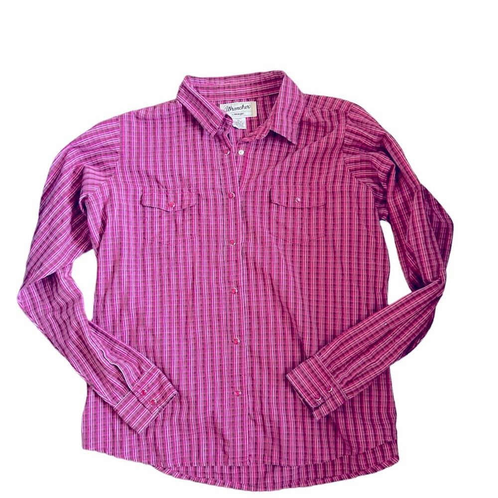 Wrangler Western Boho Pink Plaid Pearlized Button Snap Cowboy Carter Rodeo Shirt